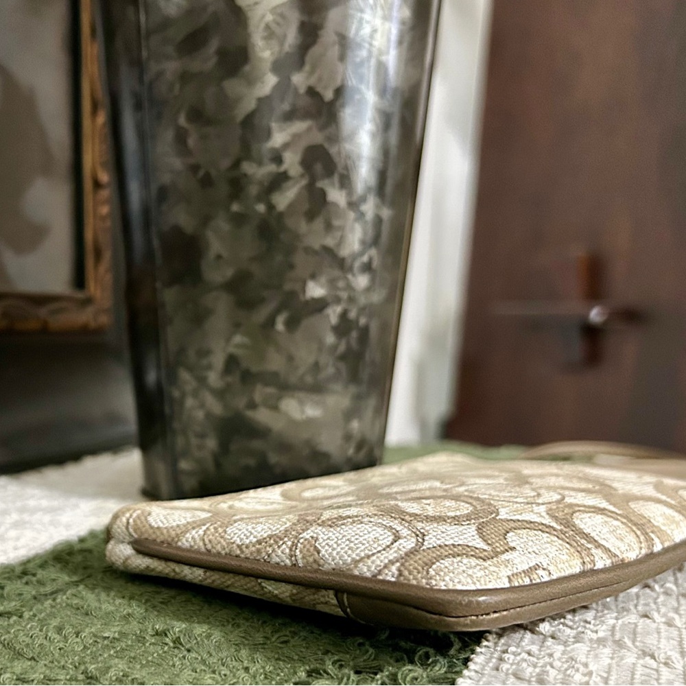Coach Beige Signature Logo Wristlet with Metallic Accents - Picture 8 of 15
